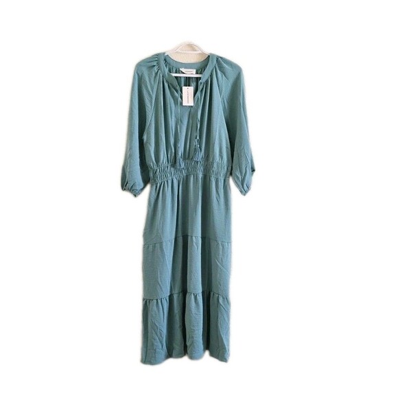 Lucky Brand Womens Teal Floral Long Sleeve Midi Dress Sz L Fall Boho Peasant NWT - Picture 1 of 7